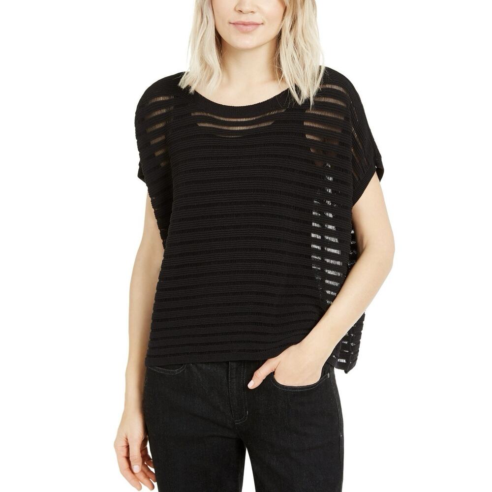 BCBG Max Azia Y2k Top SS Black Burnout Knit Lightweight Pullover Womens S/M